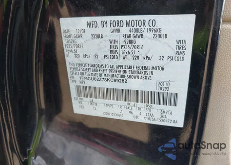 2008 Ford Escape Xls/Xls Manual from USA, damaged, VIN 1FMCU02Z78KC69282